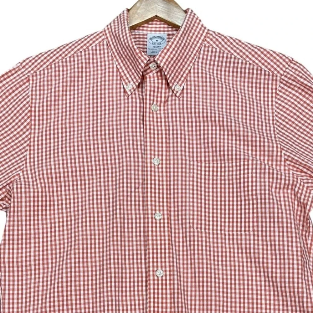 Brooks Brothers Shirt Mens M Orange White‎ Gingham Long Sleeve Button Down EUC